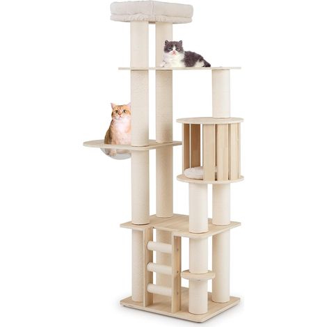 COSTWAY Albero per Gatti Alto 185 cm. Tiragraffi per Gatti in Plywood Solido con Condo, Posto d’Osservazione, Capsula Spaziale, Posti per Graffiare, Scala a 3 Gradini, Mobili per Animali da Interno (1/5)