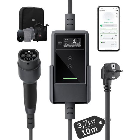 dé Chargeur Voiture Electrique 3,7kW [10m, 6-16A] Cable Recharge Voiture Electrique avec Support Mural, Chargeur Type 2 Numérique LCD, Compatible avec 208, Y, Tech et Autres EV/PHEV (1/5)