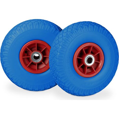 Relaxdays Ruota per carrello a mano, 2 ruote in gomma per carriola, 3,00-4 «D, per asse da 20 mm, blu-rosso (1/7)