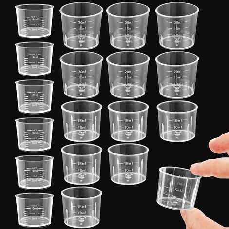 Lot de 15 mini gobelets doseurs transparents pour liquide de cuisine - 10 ml, 15 ml, 20 ml - En plastique transparent - Avec graduation
