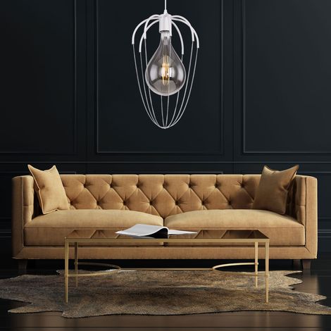 Lampe à suspension, métal blanc, abat-jour chromé elliptique, 1x douille E27, DxH 30x120cm