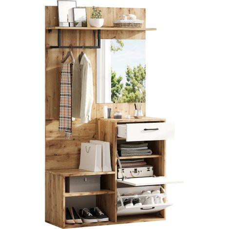 Ensemble de vestiaire 100 x 38,5 x 190 cm avec miroir, banc à chaussures, vestiaire compact, avec 1 tiroir et 2 armoires, grand espace de rangement, blanc + couleur bois d'origine (1/5)