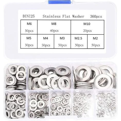 Ensemble de 360 rondelles plates en acier inoxydable,rondelle plate, entretoise M2 M2.5 M3 M4 M5 M6 M8 M10, kit de fixation de rondelles métalliques (1/5)