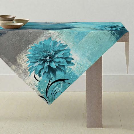 Tischdecke 100x100cm Türkis Grau Blume Retro Abwaschbar Polyester für Küche