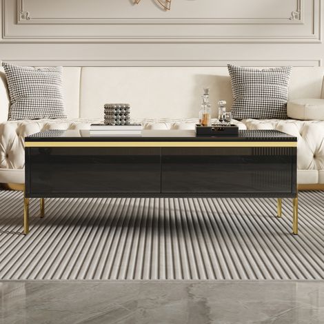 Table basse moderne noire brillante avec 2 tiroirs cachés et pieds en métal 100x50x36 cm OKWISH (1/5)