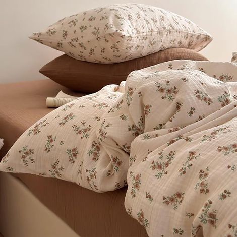 Parure de lit en double mousseline 155x220 cm en coton avec motif fleurs vintage - Ensemble de literie - 1 housse de couette et 1 taie d'oreiller 80x80 cm avec fermeture (1/5)