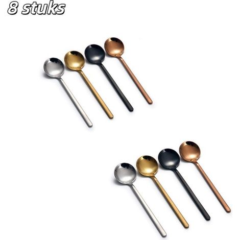 Cuillères de 8 cuillères à Cuillères à café rondes en acier inoxydable, idéales pour le café, la glace, le sucre, les desserts, les pâtisseries, les soupes, etc. Disponibles en Argent, or, or rose et  (1/5)
