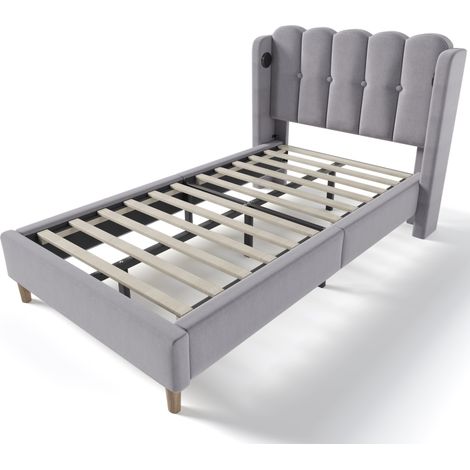 Cama individual tapizada gris 90 x 200 cm con puerto USB Type-C y somier de láminas (1/5)
