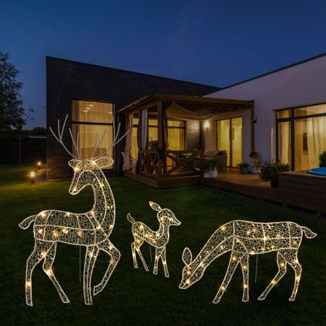 Lot de 3 cerfs de Noel lumineux pour decoration de jardin avec lumieres LED 360�� Decoration de jardin de Noel Ensemble de cerfs eclaires de vacances blanc chaud (1/5)