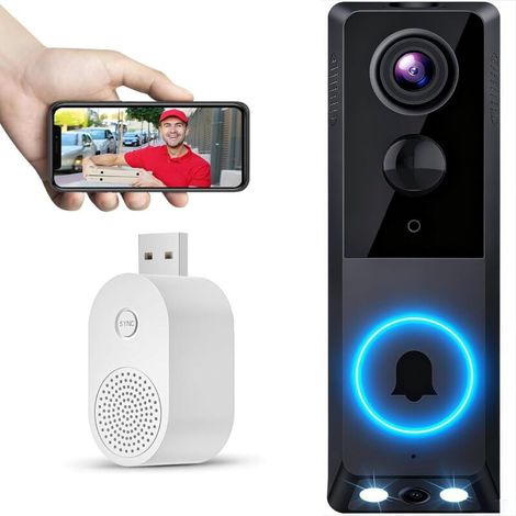 Campanello senza fili con telecamera Wi-Fi a 2,4 GHz, videocitofono esterno impermeabile con angolo di visione di 120°, visione notturna, rilevamento persone PIR, 2 telecamere e funzione audio bidirez