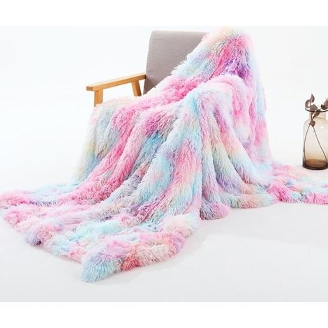 1 pièce Couverture polaire 160x200 cm, douce et ultra-chaleureuse, plaid poils longs arc-en-ciel pour canapé, lit ou extérieur