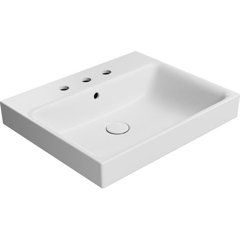 Lavabo en céramique NUBES 60x50cm, 3 trous de robinetterie, blanc mat (1/2)