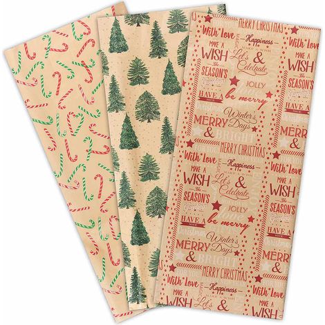 Papier cadeau kraft naturel imprimé Noël en feuilles, 70 x H. 100 cm