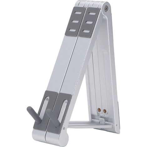Support ergonomique ajustable en hauteur pour ordinateur portable, tablette et téléphone, design pliable antidérapant argenté. (1/5)