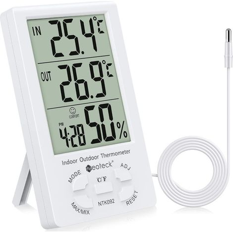 Thermomètre Hygromètre Numérique LCD Intérieur Extérieur Hygro-thermomètre Thermostat Humidité Mesure de Température 1.5m Min/Max Fil de Capteur pour la Hôtel Chambre Hôpital Blanc (1/5)