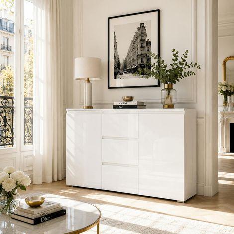 Buffet blanc moderne 2 portes 3 tiroirs ALVA (1/4)