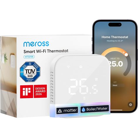 Thermostat Connecté Matter, Thermostat WiFi pour Chaudière Gaz/Chauffage au Sol à Eau, Compatible avec Home, et Google Home, Capteur Externe, Détection de Fenêtre Ouverte (1/5)