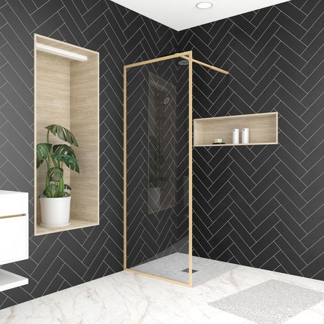 Aurlane – Paroi de douche 80x200 cm – Verre trempé 6mm – Aluminium finition or brossé – Installation réversible – Barre de maintien extensible 70-100 cm (1/5)