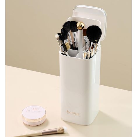 Boîte de rangement pour pinceaux de maquillage - Design élégant avec des accents dorés - Rangement sans poussière - (1/5)