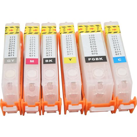 Lot de 6 cartouches d'encre 6 couleurs pour imprimante, puce permanente, fluides et robustes, recharges disponibles en grand et petit format (noir, magenta, vert, 570, 571). (1/5)