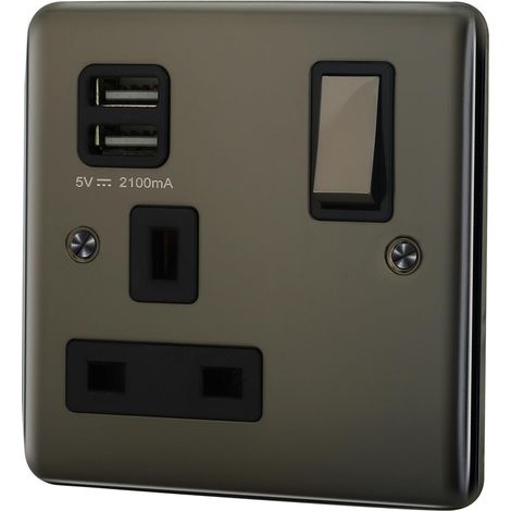 13A 1 Gang Switched Socket +2x1.0A USB Outlet - Black Nickel (1/5)