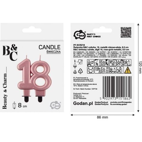 Candela B&C numero 18 color oro rosa metallizzato, 8 cm