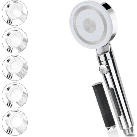 Pommeau de douche sans tuyau, pommeau de douche haute pression avec filtre, pommeau de douche avec 5 modes de pulvérisation, pommeau de douche avec flexible de douche en acier inoxydable (élimine le c