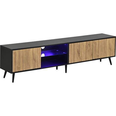 Grand meuble TV LED 175 x 31 x 43,5 cm pour salon, couleur bois naturel + noir, meuble TV bas avec 6 pieds de support, meuble en verre trempé, 3 portes pour beaucoup de rangement, adapté aux TV jusqu’ (1/5)
