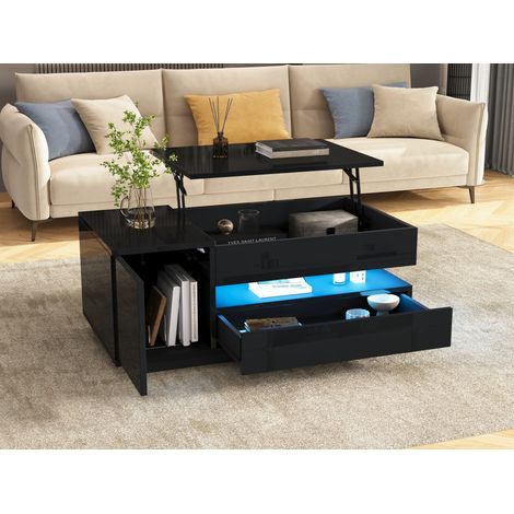 Mesa de centro elevable 95 x 50 x 40 cm con LED, 1 cajón, 1 armario, negro DESVIAE (1/5)