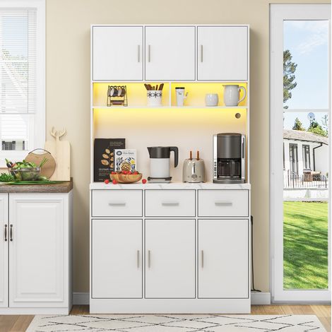 Buffet de cuisine 100x40x180 cm blanc en MDF avec LED, prises USB, étagères réglables et tiroirs (1/5)
