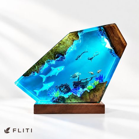 FLITI 3D Ocean Scene Resin Night Light with Wooden Base and Multicolor LED Lighting, 6x4 Inches for Decoration (1/5)