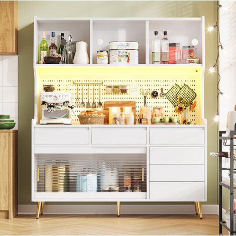 Mueble de almacenaje LED 145 x 39 x 171 cm blanco con cajón, MDF y vidrio DESVIAE (1/5)