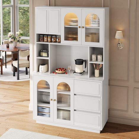 Buffet haut 106x30x175 cm avec LED pilotée par application, portes acryliques cintrées, niches ouvertes, MDF - blanc (1/5)