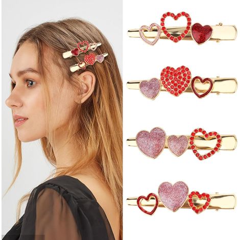 4 Stück Valentinstag-Herzhaarspangen – Rosa-roter Strassglitzer – Metall-Haarnadeln in Krokodilform (1/3)