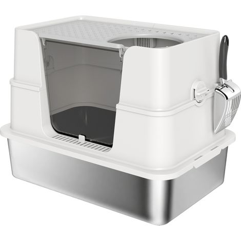 Lettiera per Gatti Chiusa XL con Coperchio Paletta Pareti Alte Doppio Ingresso in Acciaio Inox Grigio Chiaro (1/5)