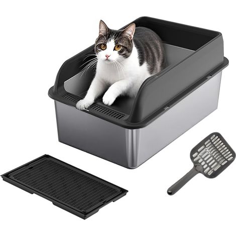 Bac à litière chat inox XXL Anti-odeurs Bords hauts anti-éclaboussures, tapis & pelle inclus Nettoyage facile, antidérapant Pour grands chats et chatons - Noir (1/5)