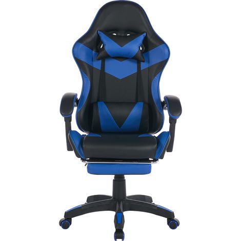 Fauteuil de jeu pivotant à 360°, fauteuil de bureau en cuir véritable à dossier haut, réglable en hauteur, avec repose-pieds, appui-tête et soutien lombaire, idéal pour le bureau et le jeu – noir et b (1/5)