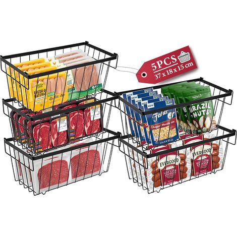 Juego de 5 cestas negras apilables para congelador con asas y base antideslizante, para una rápida clasificación de los alimentos congelados.