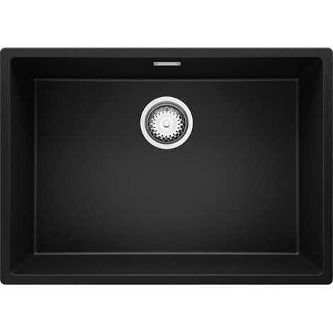 PRIMAGRAN Evier Cuisine en Granit 66x47cm, Lavabo 1 bac + Kit de Vidage, Évier à Encastrer au meuble 70cm - London Slim, Noir (1/5)
