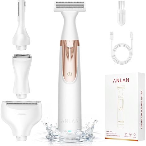 Rasoir Electrique Femme 4 en 1, Epilateur Électrique Maillot/Visage, Tondeuse Intime Femme Sec et Humide, 4 Peines Rasoir Intime pour Bras Aisselles Jambes, éclairage LED, IPX6 Étanche (1/5)