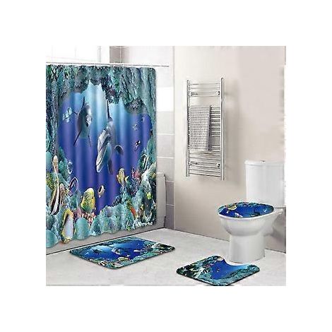 180 x 180 cm, 4-teiliges Duschvorhang-Set mit Delfinmotiv, inklusive WC-Deckel und wasserdichter Polyester-Badematte