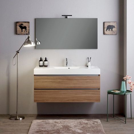 Mobile Bagno Sospeso 120Cm 2 Cassetti Rovere Naturale, Lavabo E Specchio 120X60  Vittoria (1/5)