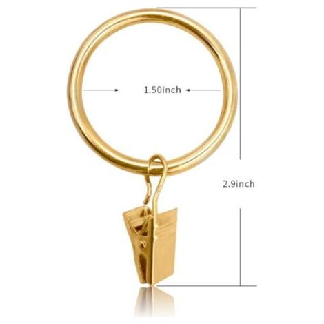 Lot de 40 anneaux de rideau en métal avec clips, crochets pour rideaux, crochets décoratifs pour tringle à rideau, œillets de 3,8 cm de diamètre intérieur, placage antirouille couleur or