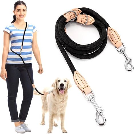 Laisse pour chien en nylon réglable - 2 mètres de long - laisse double - mousquetons pivotants - réglable en 3 points - pour chiens de petite, moyenne et grande taille (1/5)