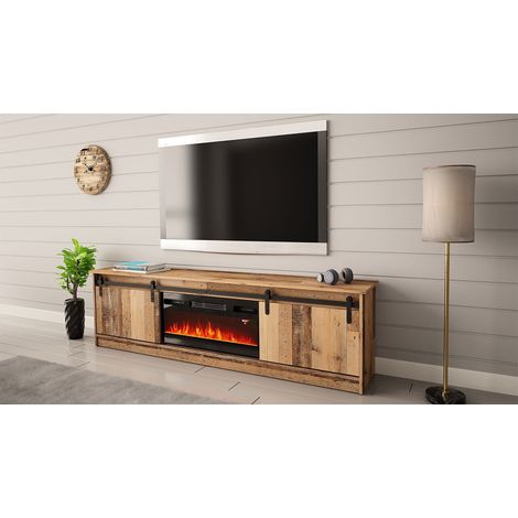 Bb-Loisir – Meuble TV 200x57x35 cm vieux bois – Cheminée chauffante intégrée – Panneau stratifié et MDF – Système de porte coulissante (1/3)