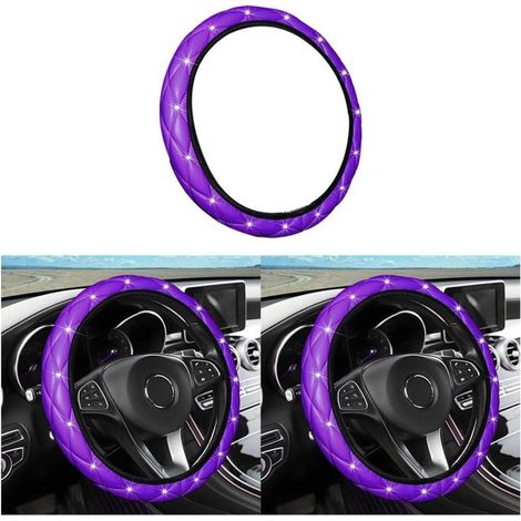 Housse de volant de voiture universelle en cuir violet avec strass brillants (1/5)