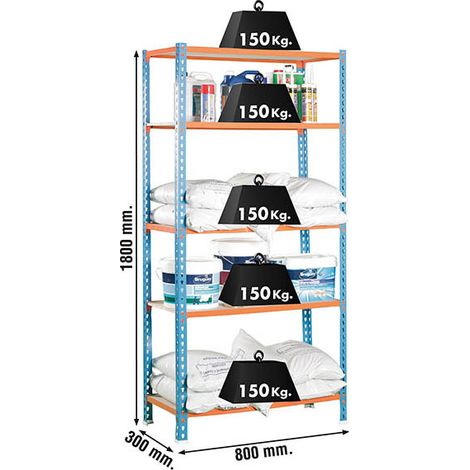 SimonRack Scaffale Portaoggetti, 1800x800x300 mm, 5 Ripiani in Legno, Portata 150 kg per Ripiano, Scaffale da Garage, Blu/Arancione/Legno – Maderclick