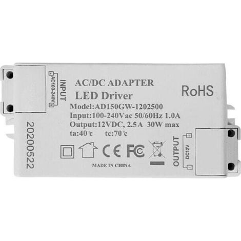 Transformateur LED UlisemLED - 30 W 12 V CC 2,5 A à tension constante pour bandes LED G4, MR11, MR16 et ampoules LED (1/3)
