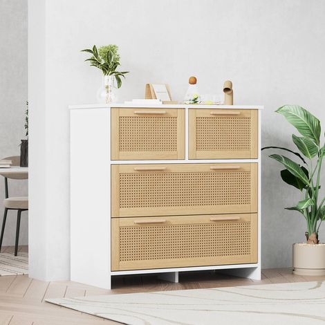 Armoire en rotin 80 x 80 x 38 cm, 4 tiroirs avec poignées en bois massif, idéale pour chambre, salon et salle à manger (1/5)