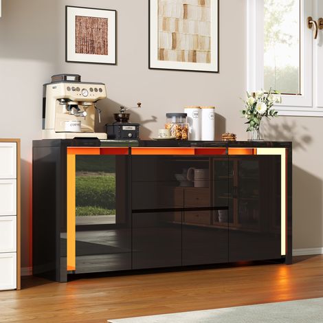 Buffet noir brillant avec LED,Buffet de salon, 4 portes, 2 tiroirs, Armoire Salle à manger, MDF,160 x 35 x 75 cm,Moderne (1/5)
